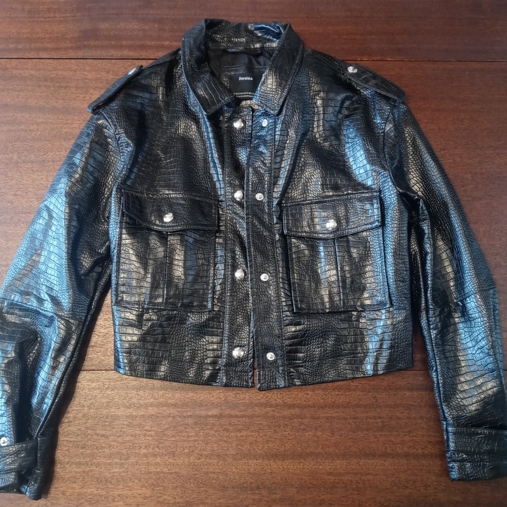 Bershka Black Faux Leather Snake Skin Coat Size S